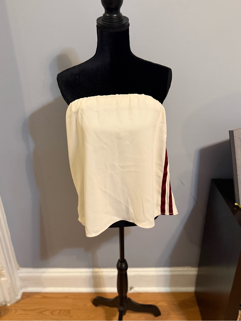 Strapless Cream Tube Top with Burgundy Side Stripes